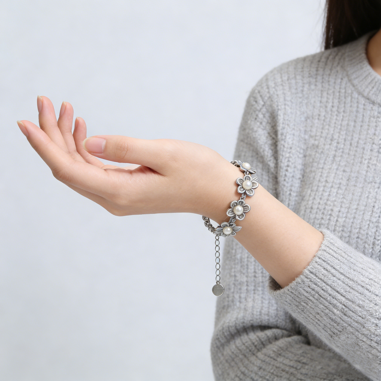 Vintage Flower Leaf Pearl Patchwork Adjustable Bracelet