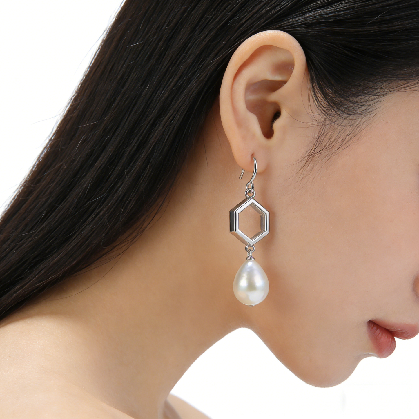 Geometric Hexagon Pearl Ear Hooks