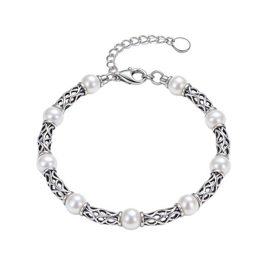 Hollow Woven Chain Pearl Spaced Patchwork Vintage Silver Bracelet