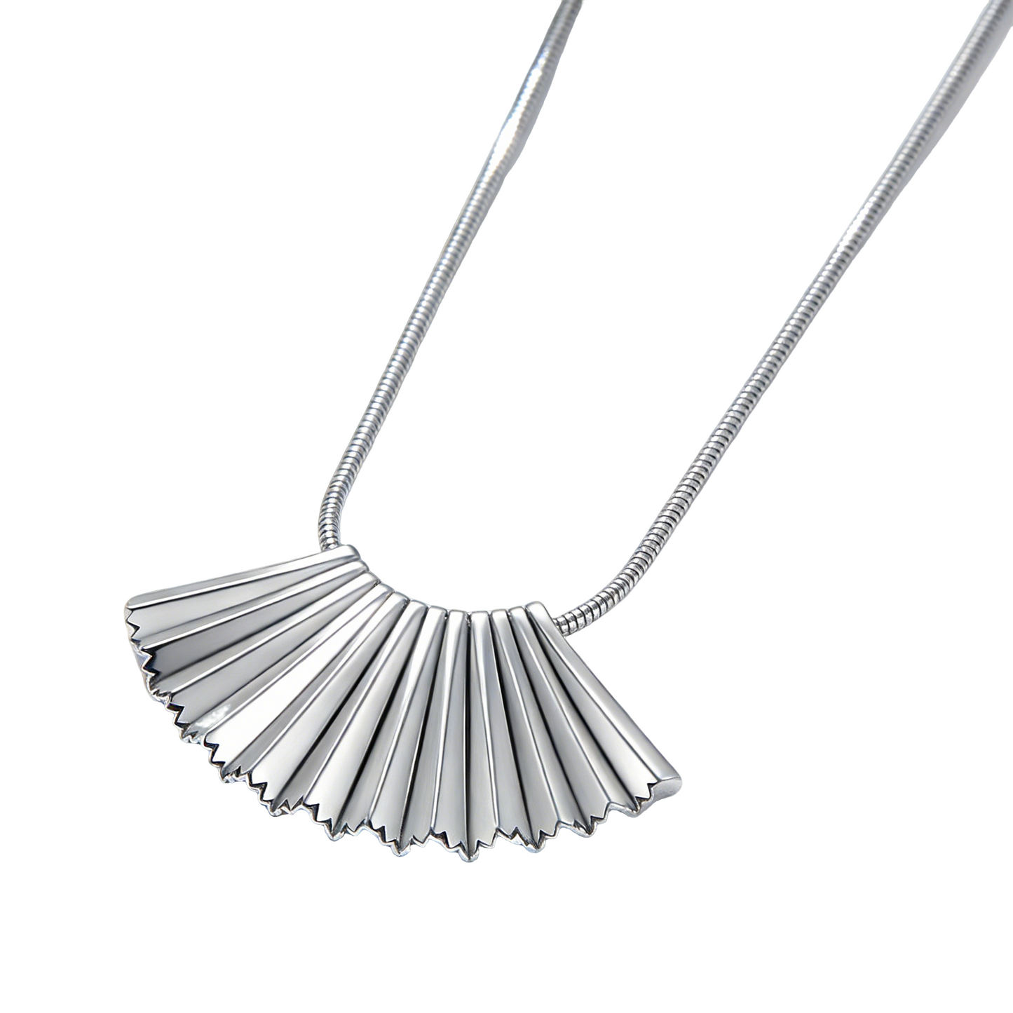 Vintage Fan-shaped Pleated Design Silver Pendant Necklace