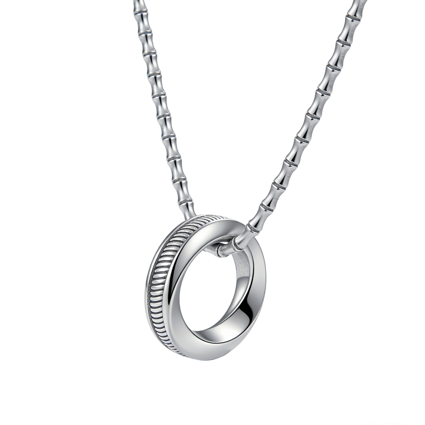 Interlocking Double Ring Vertical Striped Circle Minimalist Pendant Necklace