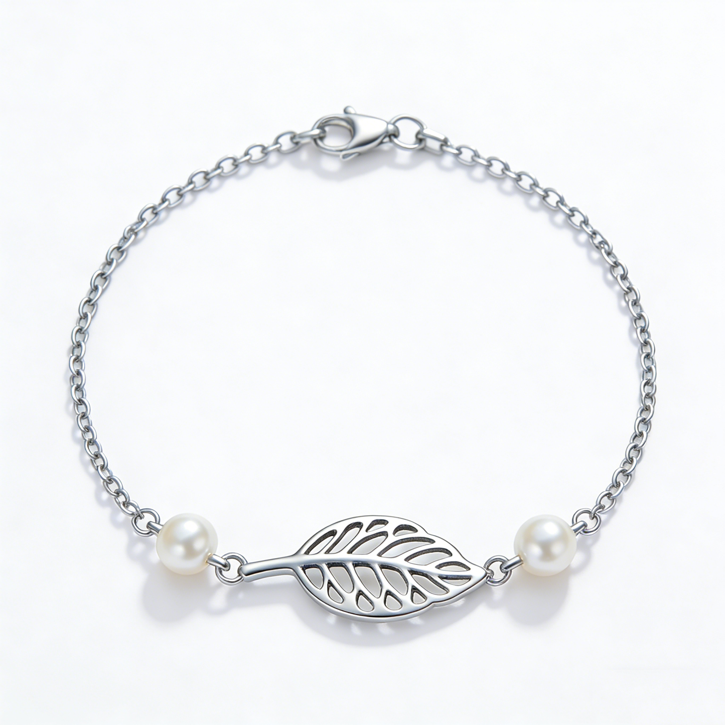 Hollow Leaf Double Pearl Minimalist Silver Bracelet