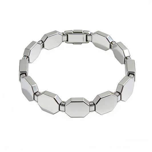 Octagonal Faceted Block Patchwork Silver Bracelet