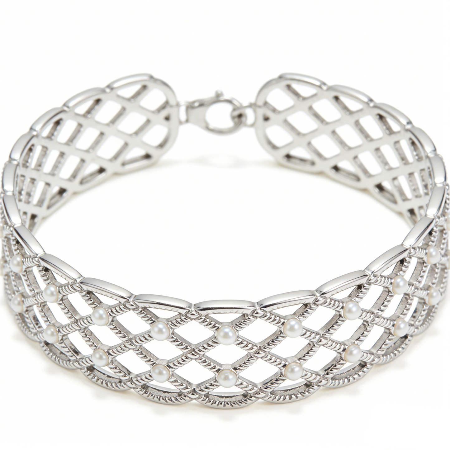 Grid Woven Small Pearl Inlaid Wide Bracelet