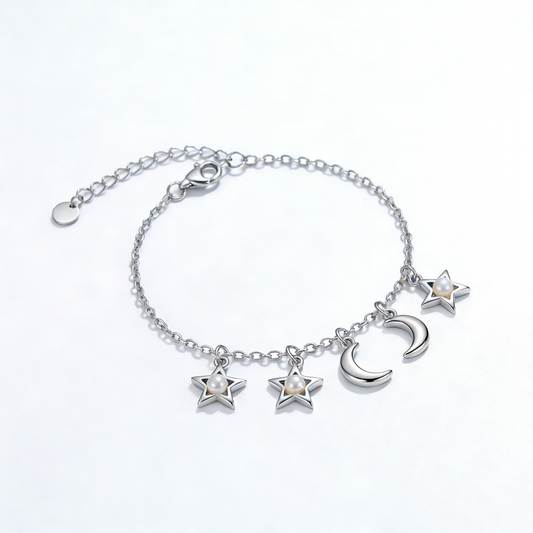Star Moon Pearl Pendant Adjustable Silver Bracelet