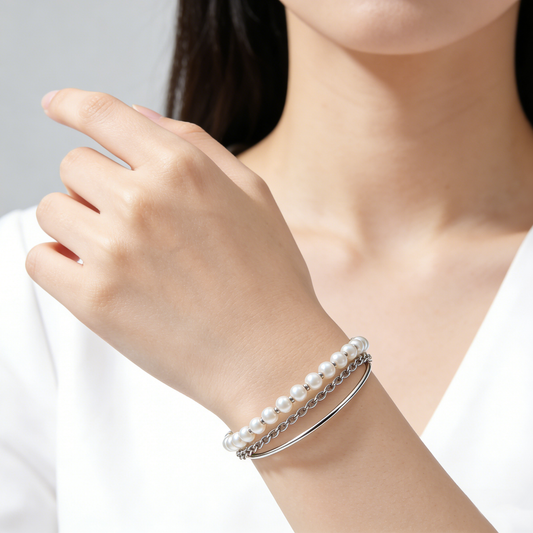 Multi-layer Pearl Metal Chain Layered Silver Bracelet