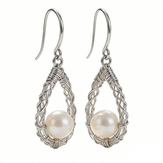 Woven Teardrop Frame Pearl Long Earrings