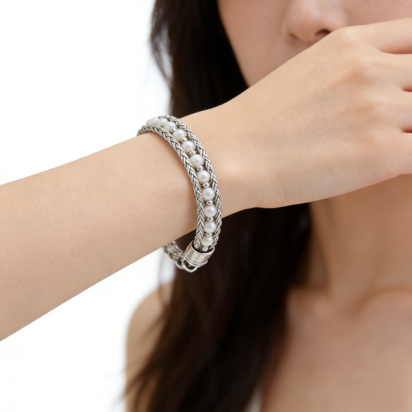 Woven Wide Small Pearl Inlaid Luxury Silver Bracelet