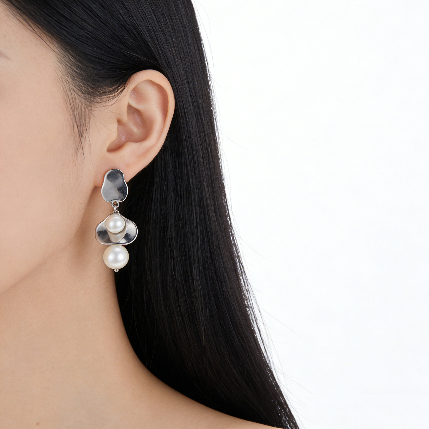 Irregular Metal Piece Pearl Drop Earrings