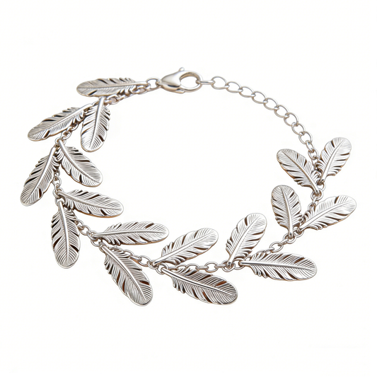 Full Panel Feather Patchwork Adjustable Silver Bracelet