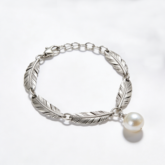 Feather Chain Pearl Pendant Vintage Silver Bracelet