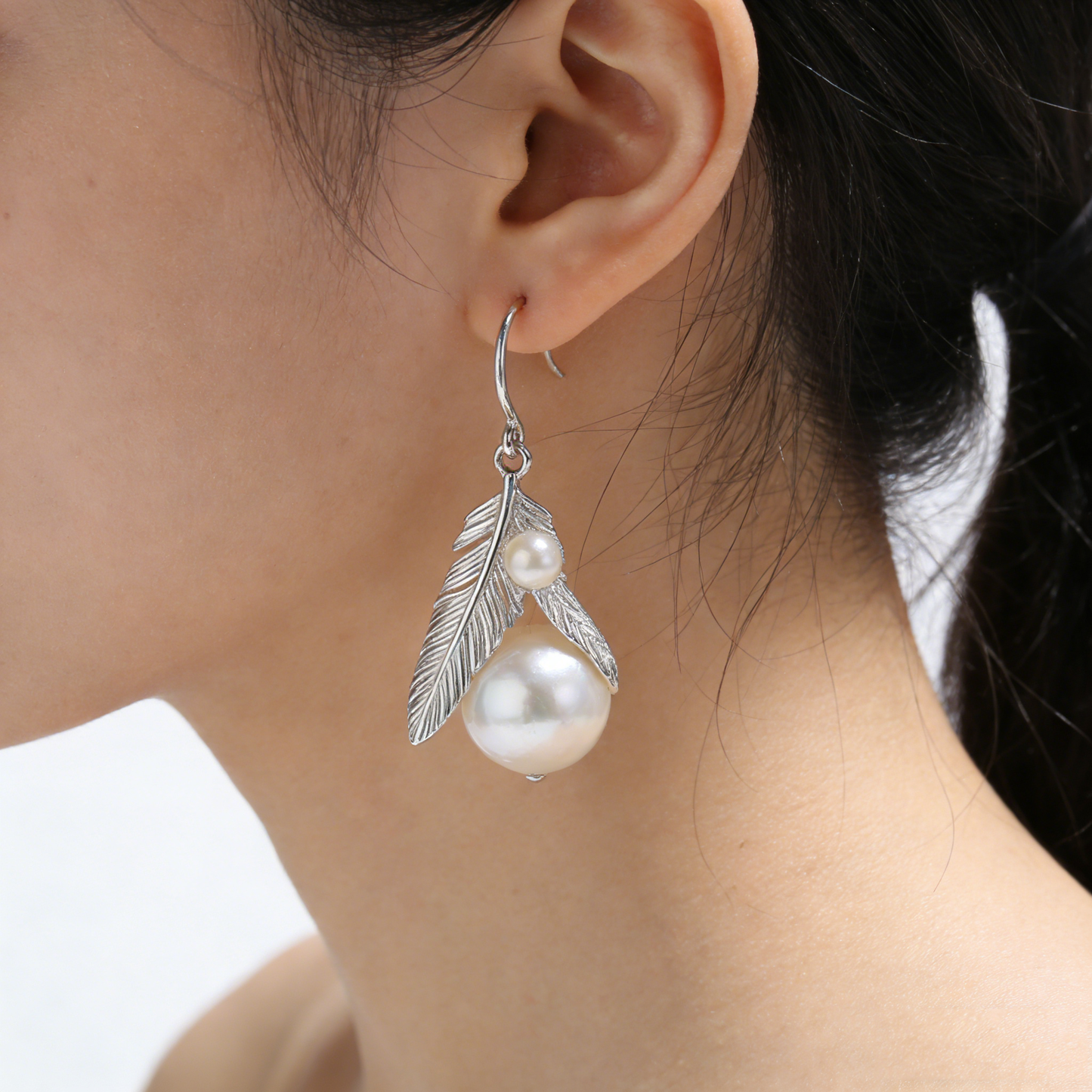 Gentle Feather Pearl Ear Hooks