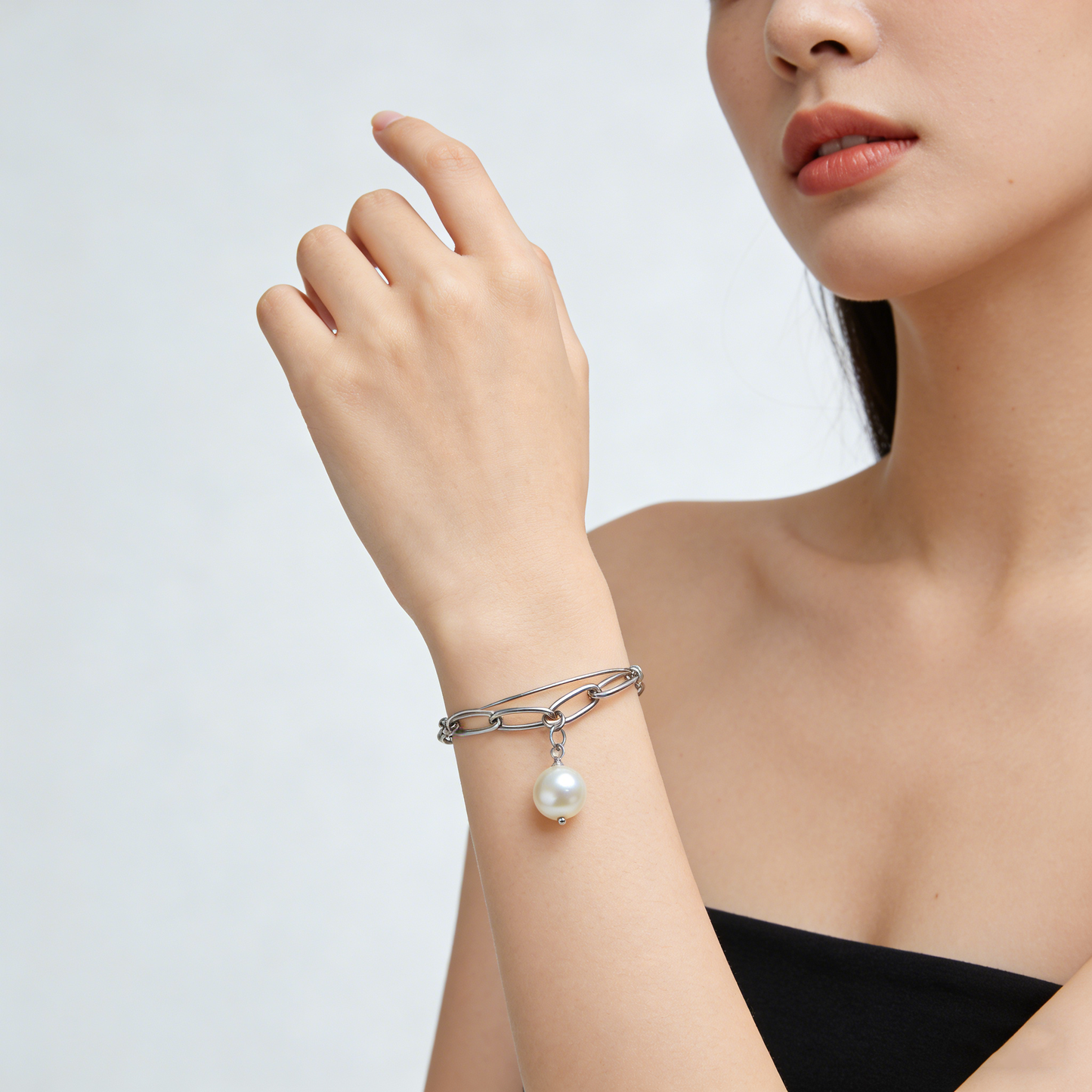 Double-Layer Thin Chain Pearl Pendant Adjustable Silver Bracelet