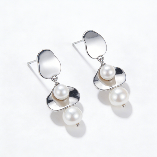Irregular Metal Piece Pearl Drop Earrings
