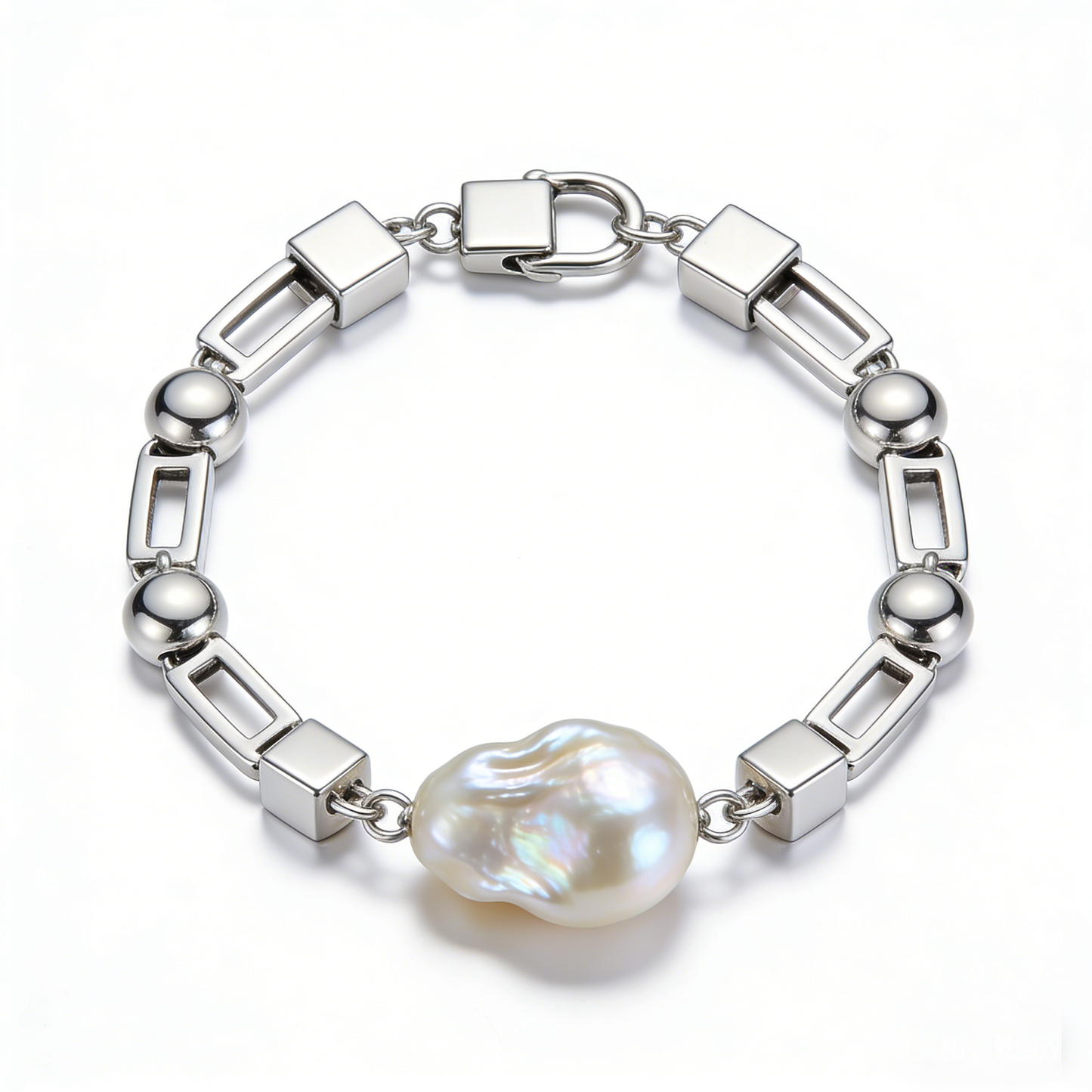 Geometric Chain Baroque Pearl Patchwork Silver Bracelet