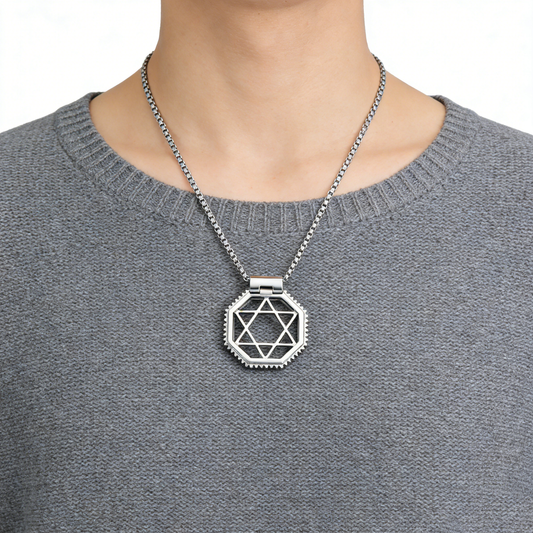 Gear-edged Hollow Star of David Octagonal Pendant Necklace