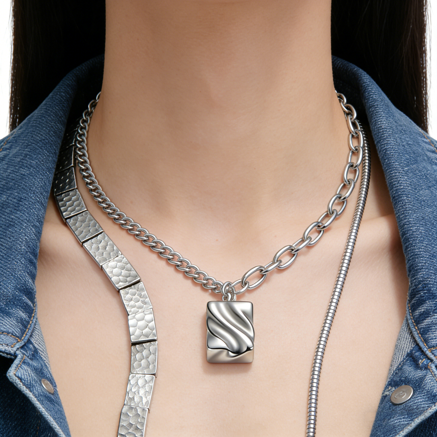Three-layer Layered Textured Silver Necklace Set