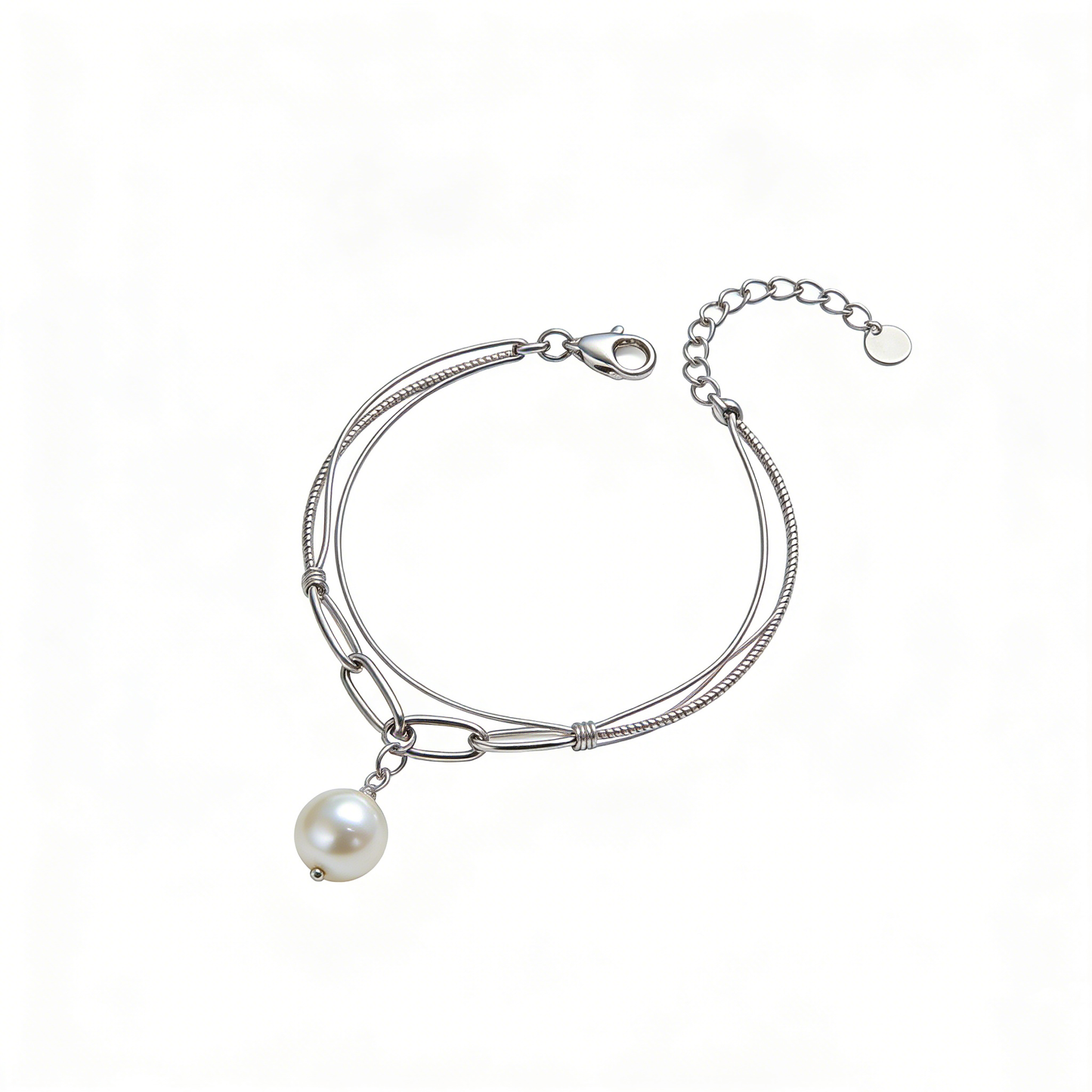 Double-Layer Thin Chain Pearl Pendant Adjustable Silver Bracelet