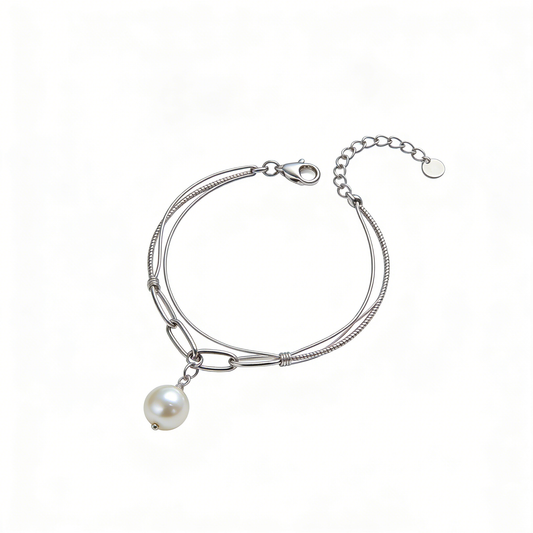 Double-Layer Thin Chain Pearl Pendant Adjustable Silver Bracelet