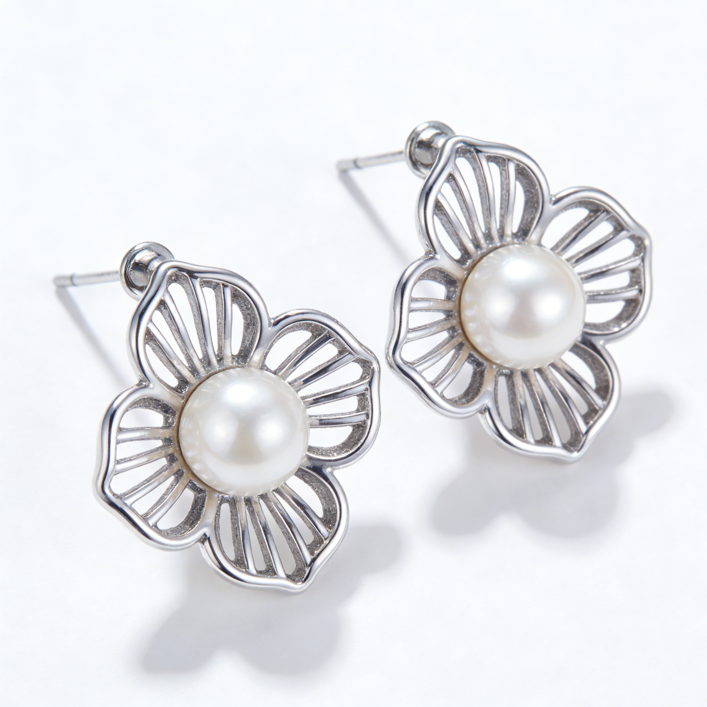 Hollow Flower Pearl Stud Earrings