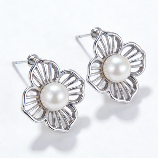 Hollow Flower Pearl Stud Earrings